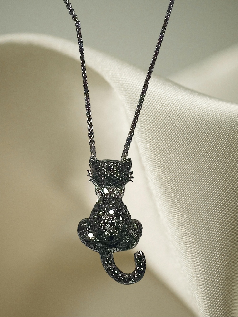 Sterling Silver 1/10 ctw. Black & White Diamond Cat Pendant Necklace 18”
